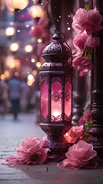 Ramadan lantaarn en Ramadan decoraties in de verlichte straten roze bloemen schitteren licht