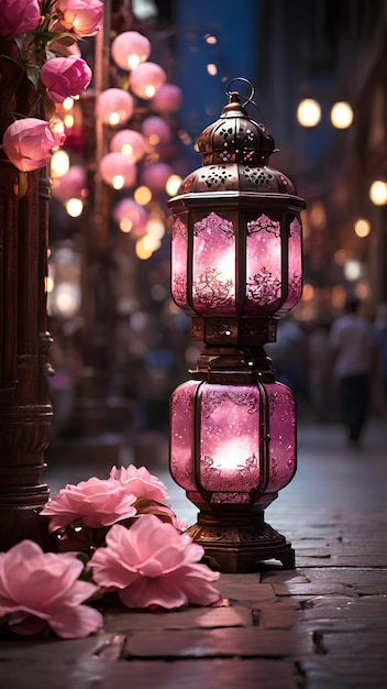 Ramadan lantaarn en Ramadan decoraties in de verlichte straten roze bloemen schitteren licht