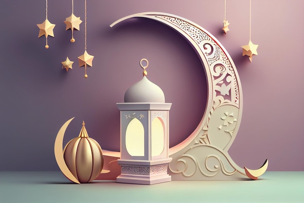 Ramadan lantaarn Iftar Eid wassende maan kanonskogels tekstruimte en podium AI gegenereerd