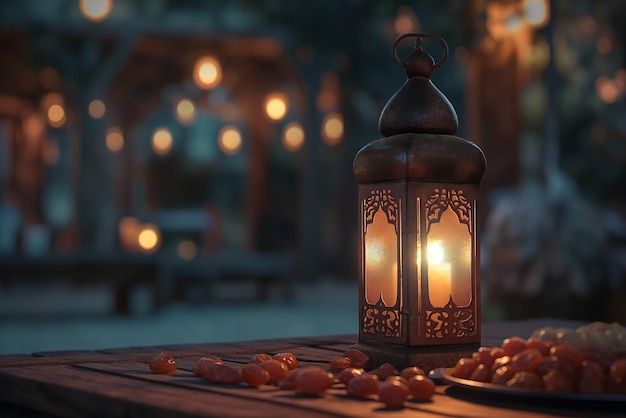 Ramadan lantaarn met traditionele dadels's nachts op een tafel Eid al AdhaEid MubarakEid al fitr Ramadan Kareem