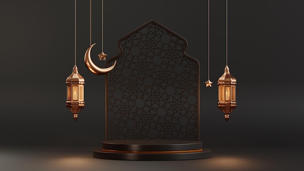 Ramadan lantaarn met wassende maan en podium als luxe islamitische achtergrond