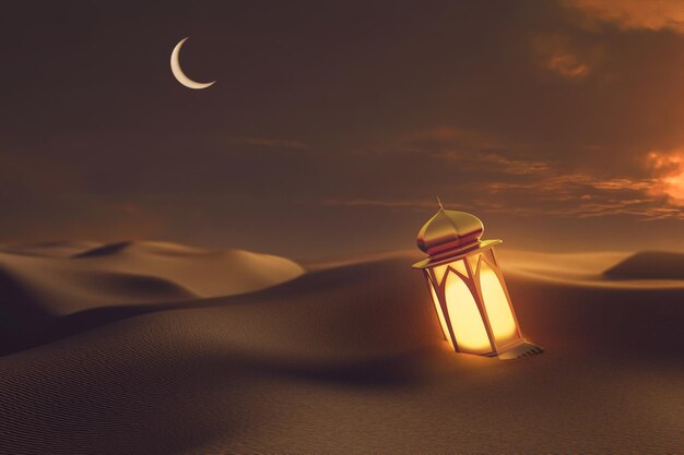 Foto ramadan lantaarn op woestijn achtergrond 3d illustratie