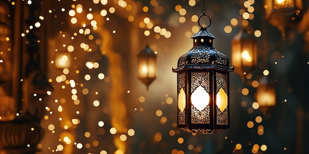 Foto luci sfocate sullo sfondo delle lanterne del ramadan