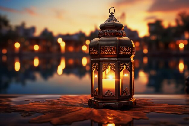 A Ramadan lantern in the dark with the light