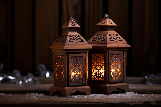 Ramadan lantern elegance wooden board snow and candlelight aesthetic