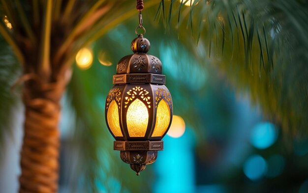 Ramadan lantern hanging on a luminous palm tree