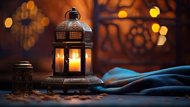 Foto lanterna del ramadan ornamento islamico sfocato bokeh sfondo