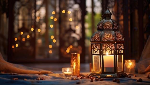 Рамаданский фонарь Исламский орнамент Размытый фон Боке