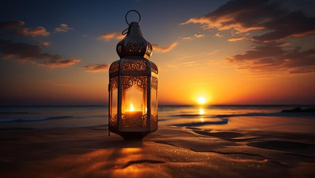 Ramadan Lantern Islamic Ornament Blurry Bokeh Sea Sand Background