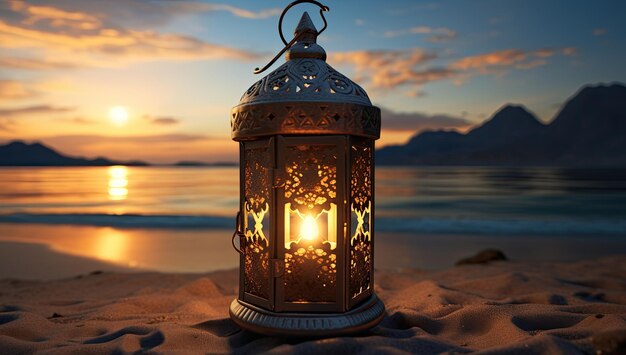 Photo ramadan lantern islamic ornament blurry bokeh sea sand background