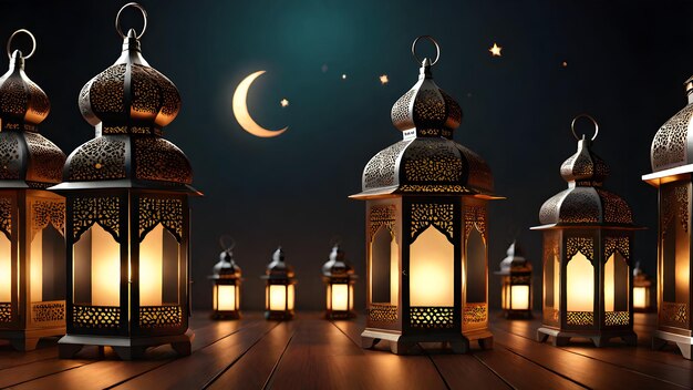 Ramadan Lantern Mosque and Crescent Moon Decoration Background 3d Render