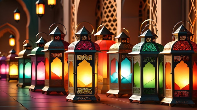 Ramadan Lantern Mosque and Crescent Moon Decoration Background 3d Render