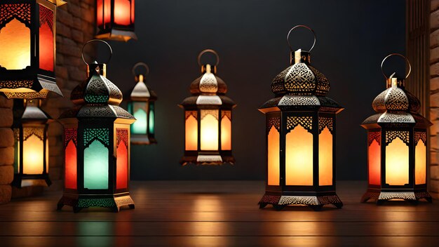 Ramadan Lantern Mosque and Crescent Moon Decoration Background 3d Render