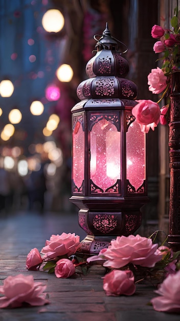ラマダンのランタンとラマダンの装飾 照らされた通りでピンクの花が輝く光