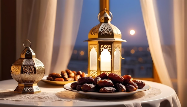 Ramadan Lantern on the table with plate of Dates ona golden table with white veil on the window