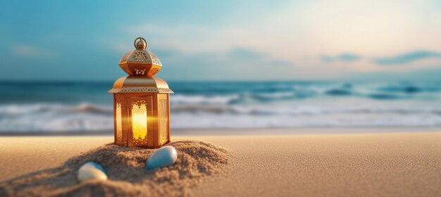 Ramadan lantern in a tropical summer beach golden sand beach ocean against blue sky