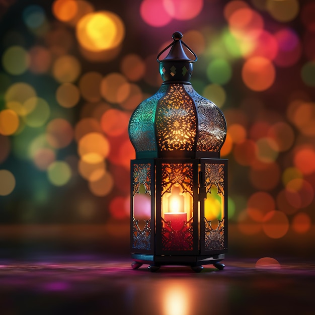 ramadan lantern with colorful glowing burning candle lights on bokeh background