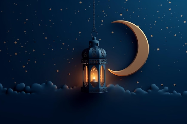Рамадан фонарь с полумесяцем на фоне ночного неба креатив ai