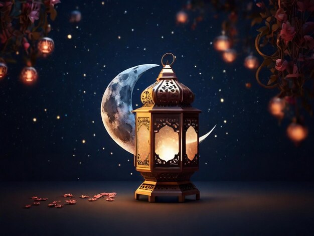 Ramadan lantern with crescent moon on night sky background Generative AI