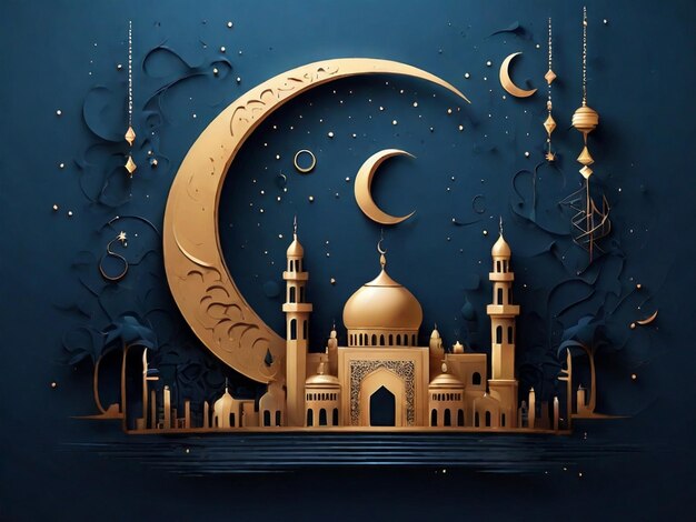 Ramadan lantern with crescent moon on night sky background Generative AI