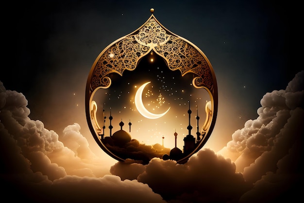 Ramadan lantern with crescent moon on night sky background Generative AI