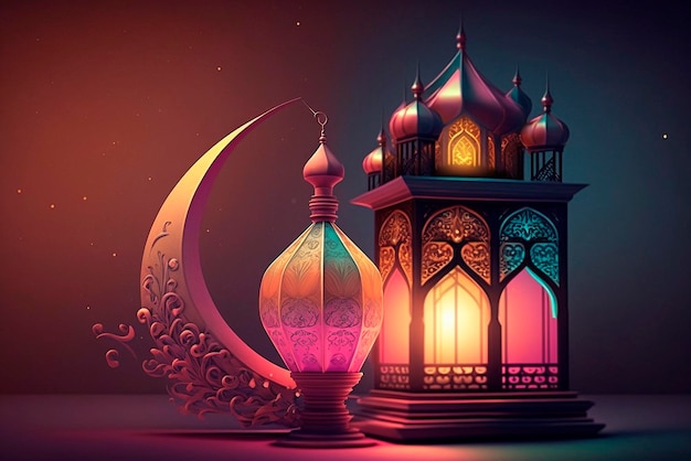 Ramadan lantern with crescent moon on night sky background