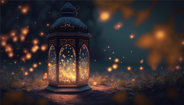 Ramadan Lantern with Light Glowing at Night and Glittering with Bokeh Lights on Ground Generative ai