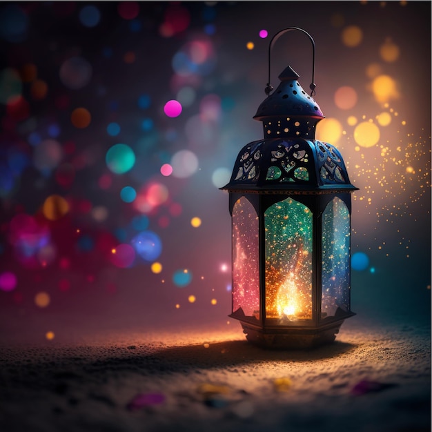 Ramadan Lantern with Light Glowing at Night and Glittering with Bokeh Lights on Ground Generative ai