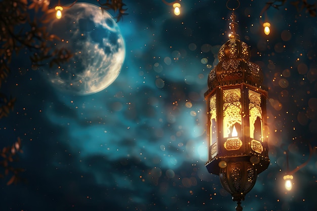 ramadan lantern with lights in front of the moon ramadan kareem holiday celebration concept