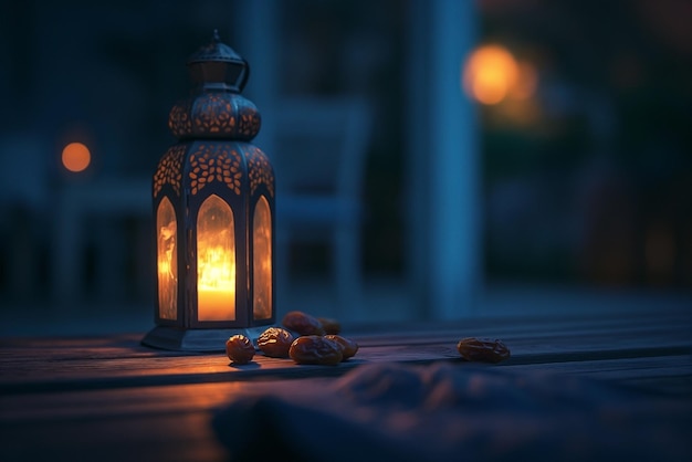 Ramadan lantern with traditional dates at night on a table Eid al AdhaEid MubarakEid al fitr Ramadan Kareem