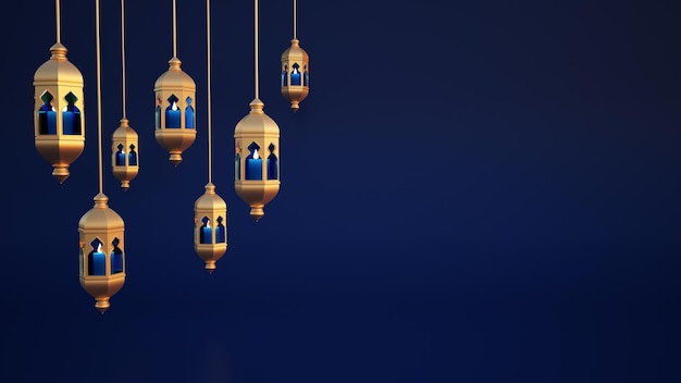 Photo ramadan lanterns hanging on blue background festive greeting card d rendering