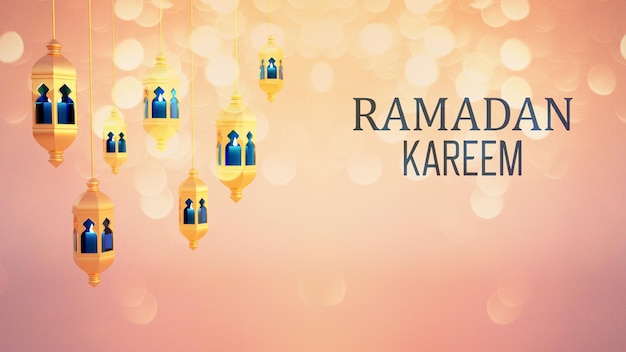 Photo ramadan lanterns hanging on blurred background festive greeting card d rendering illustration