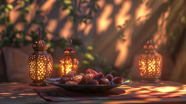 Photo ramadan lanterns with date plate