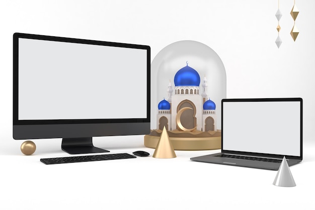 Ramadan-laptop en pc-perspectiefzijde op witte achtergrond