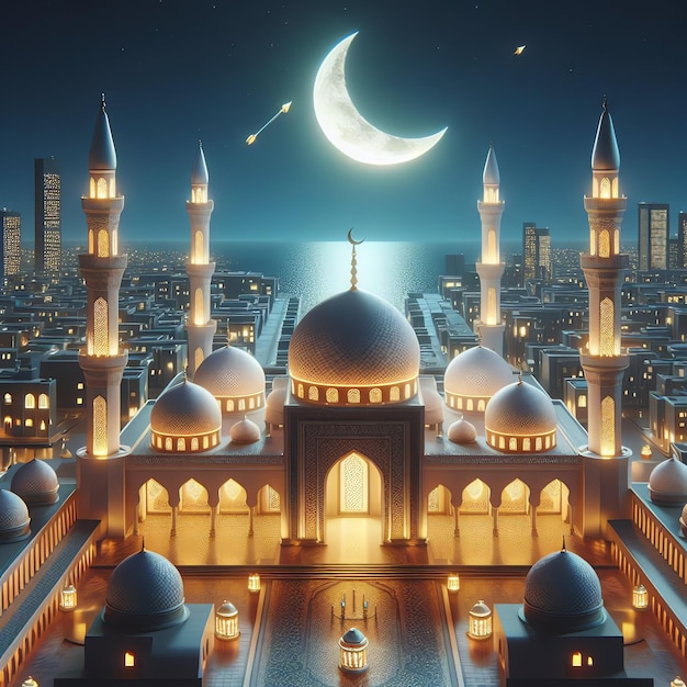 ramadan masjid met lantaarn en halve maan islamitische feestdag Eid al Adha 3d rendering