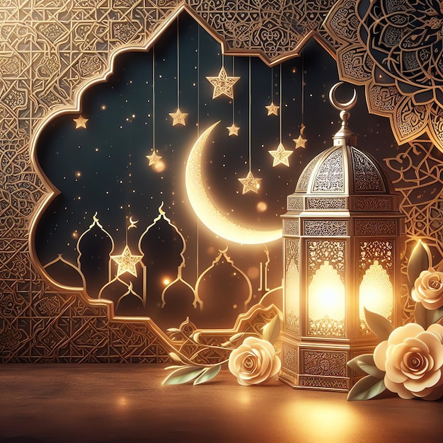 ramadan masjid with lantern and crescent moon Islamic holiday Eid al Adha 3d renderig