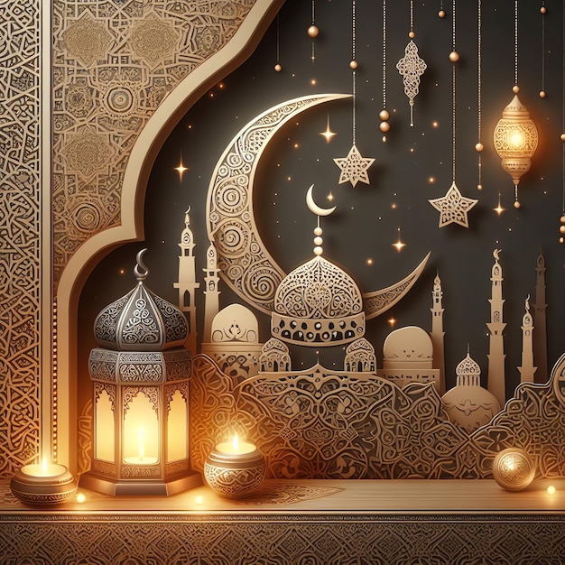 ramadan masjid with lantern and crescent moon Islamic holiday Eid al Adha 3d renderig