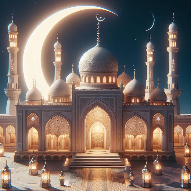 Рамаданская мечеть с фонарем и полумесяцем Исламский праздник Ид аль-Адха 3d renderig