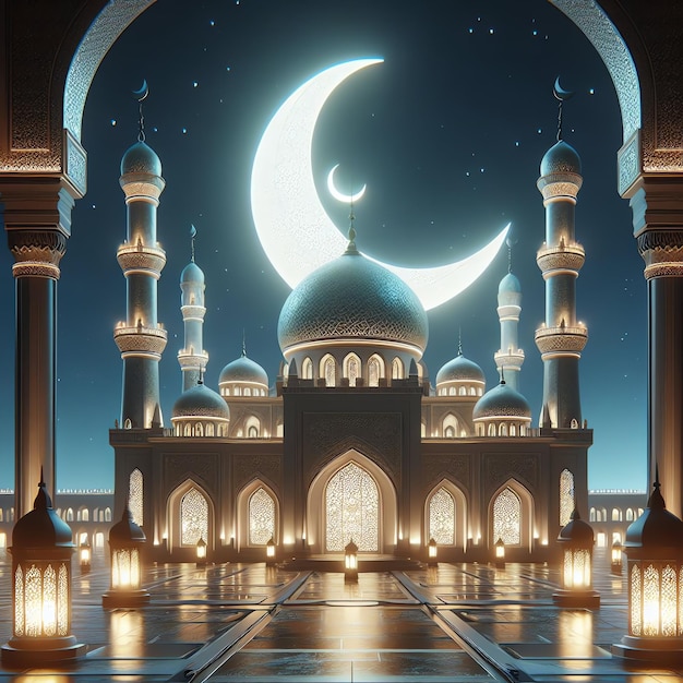 ramadan masjid with lantern and crescent moon Islamic holiday Eid al Adha 3d renderig