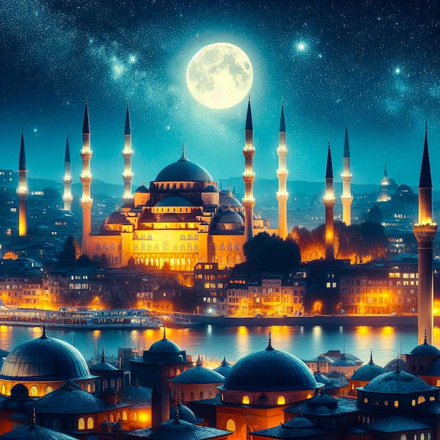ラマダンの月とモスク モスクの夕日 空の月 聖なる夜