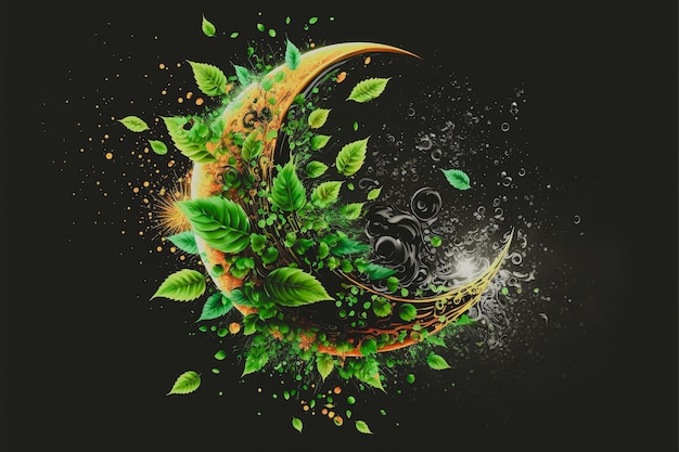 Ramadan moon with green forest leaves, water splash on dark background 3d illustration