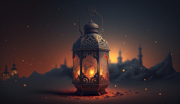 Ramadan moskee illustratie lantaarn licht kaars donkere filmische achtergrond ai gegenereerd