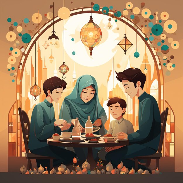 家族と一緒にラマダン・モスクのイラスト