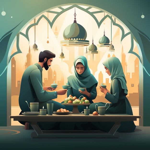 A ramadan mosque illustration with family