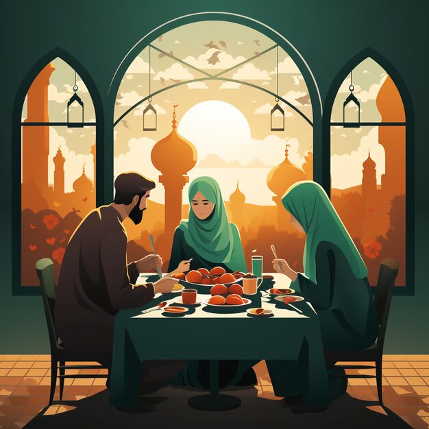 Photo a ramadan mosque illustration with family