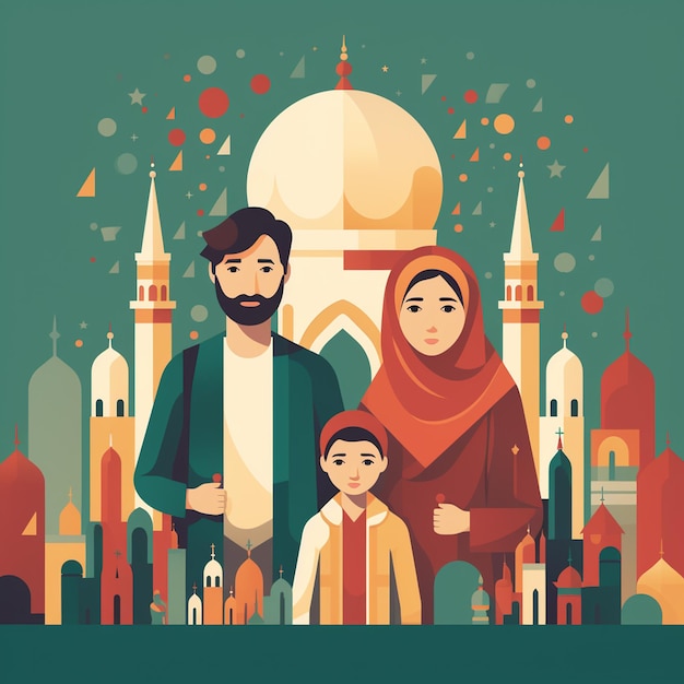 Photo a ramadan mosque illustration with family