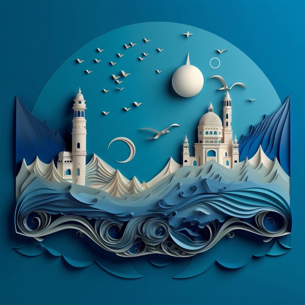 Ramadan Mosque Paper Quilling Mountain and Sea Landscape