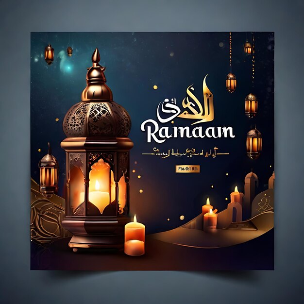 ramadan mubarak banner template with arabic lantern AI