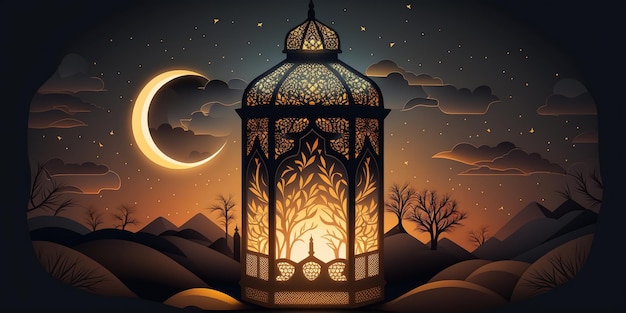 Ramadan Mubarak Concept A minimalistic illustrative design lantern on Islamic background