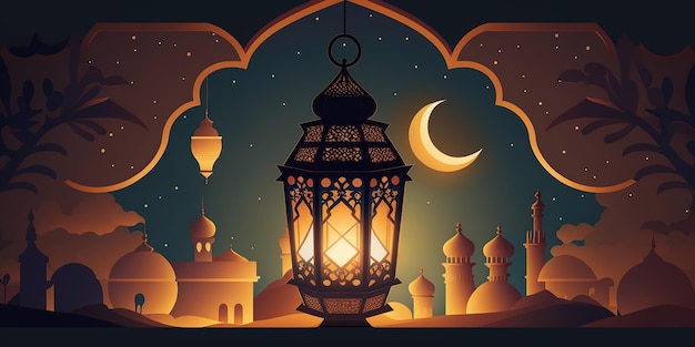 Ramadan Mubarak Concept A minimalistic illustrative design lantern on Islamic background